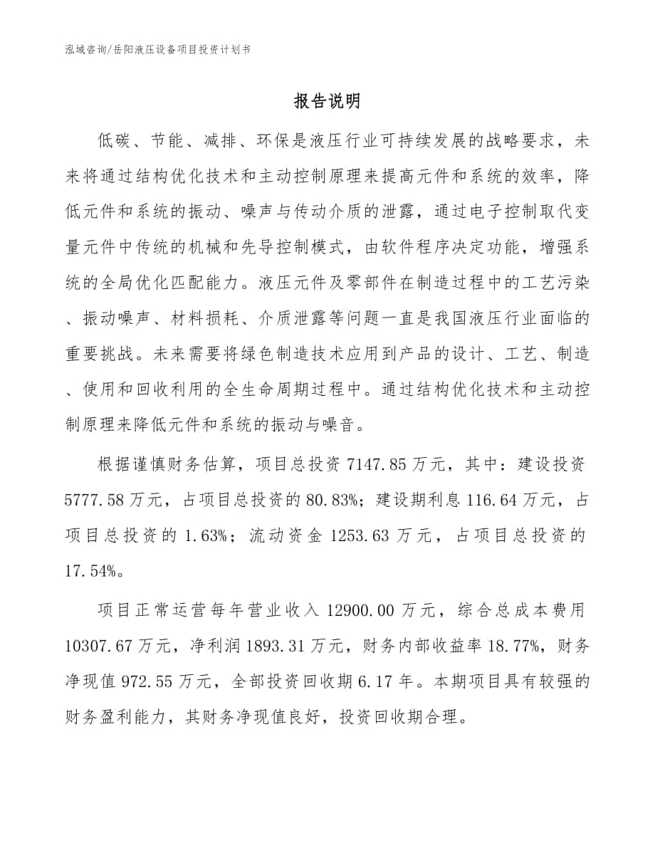 岳阳液压设备项目投资计划书_模板范文_第1页