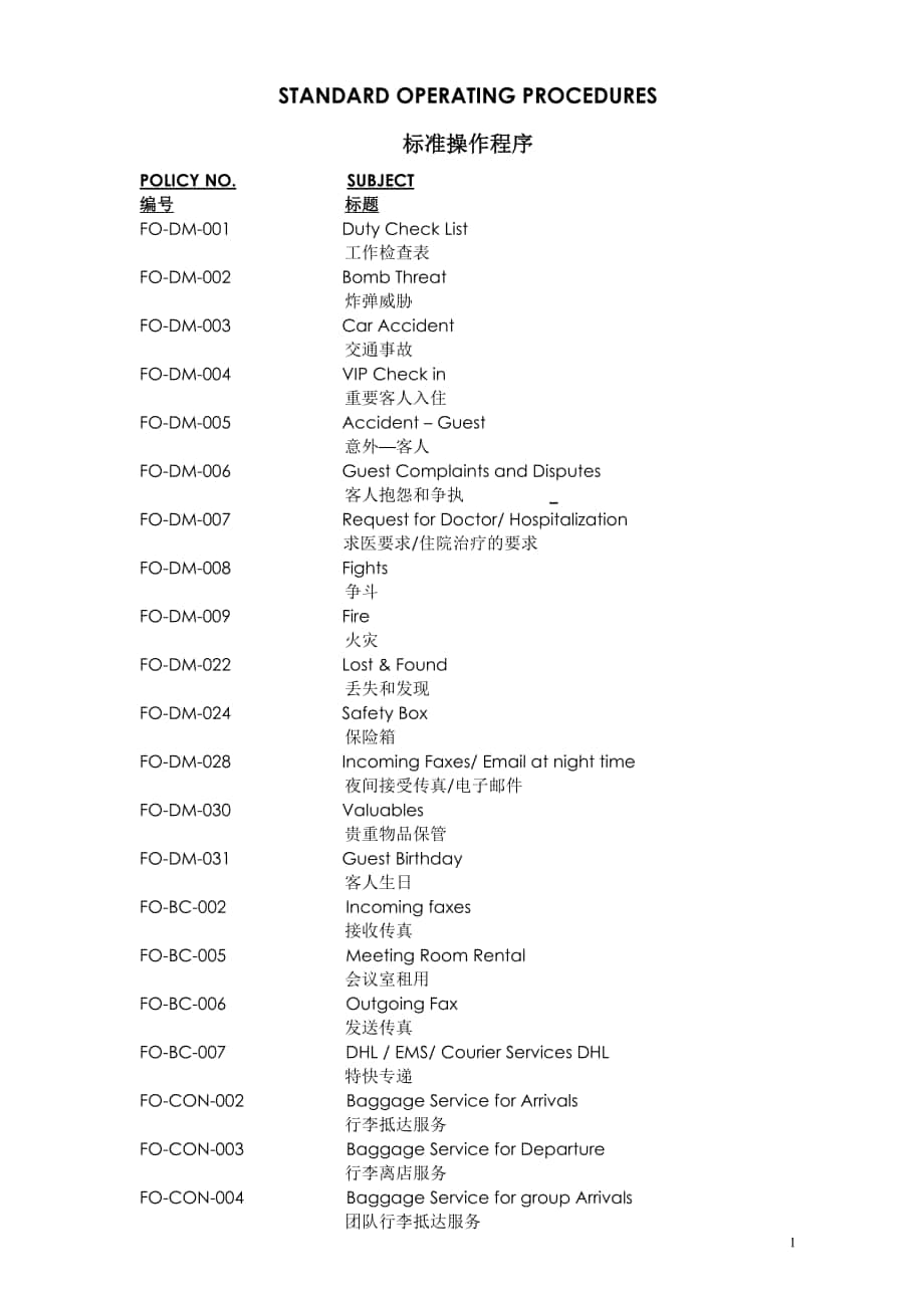 最新FOSOP酒店标准操作程序前厅部中英文对照_第1页