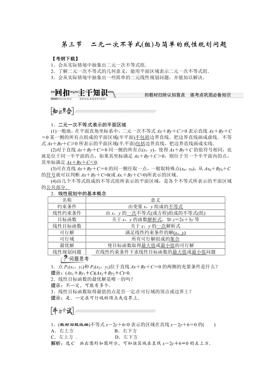 高考数学复习：第六章 ：第三节二元一次不等式组与简单的线性规划问题回扣主干知识提升学科素养_第1页