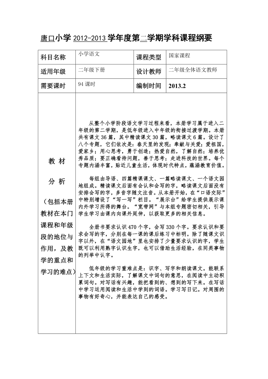 鲁教版二年级语文下册课程纲要_第1页