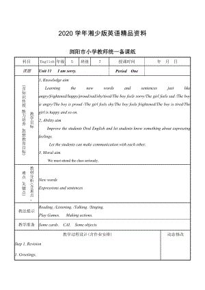 【湘少版】英語(yǔ)五年級(jí)上冊(cè)：Unit 11 I’m sorry教案