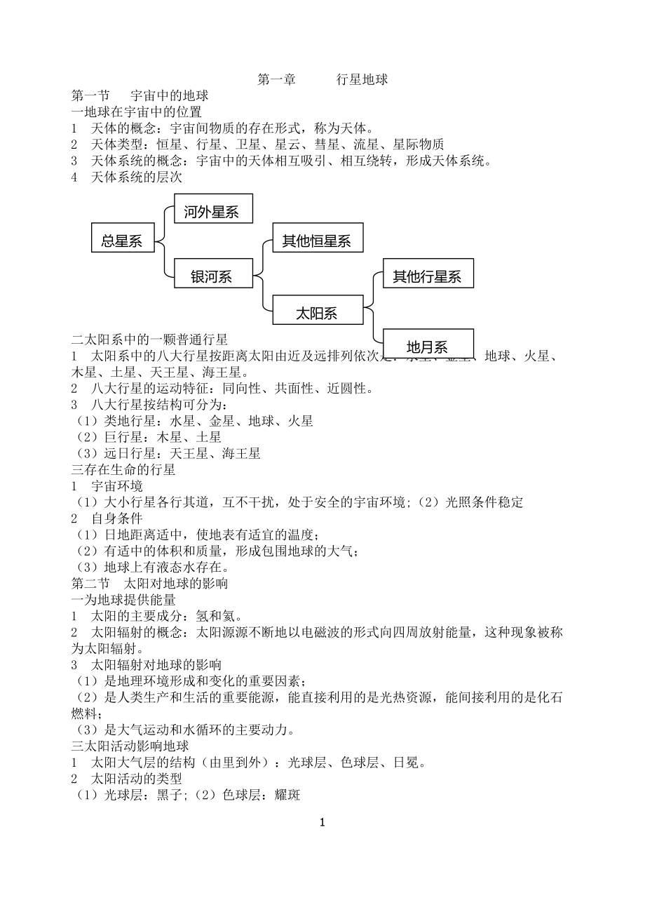 高一地理 上冊 知識歸納總結(jié) 期末考試復習資料 高一地理考試筆記_第1頁