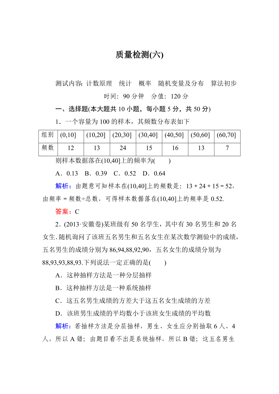 新課標A版數(shù)學(xué)【理】一輪復(fù)習(xí)質(zhì)量檢測題 質(zhì)量檢測(六)_第1頁