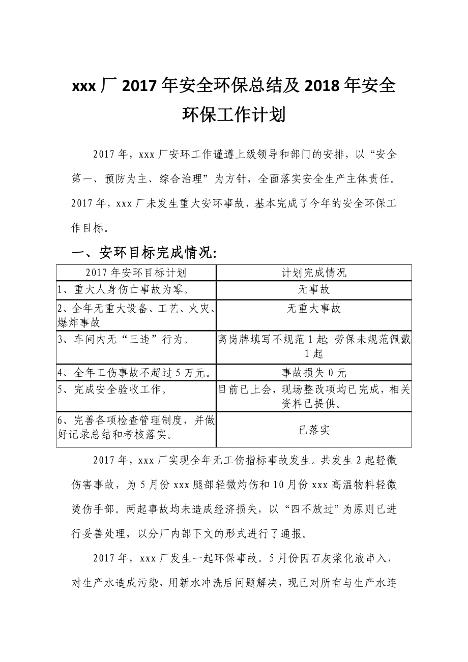 xxx厂年安全环保总结及年安全环保工作计划_第1页