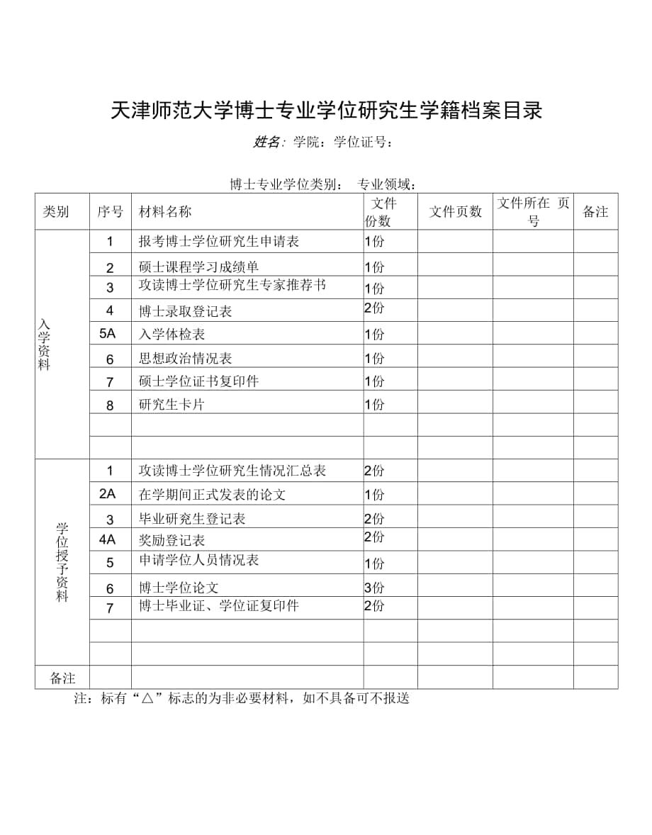 XXXX大学专业学位博士档案目录2021.docx_第1页