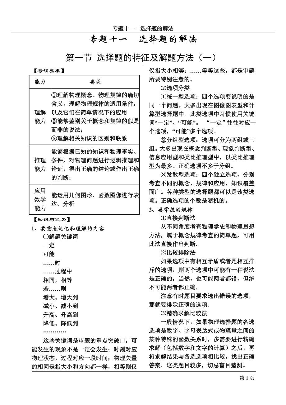 專題十一高考 物理 選擇題的解法_第1頁