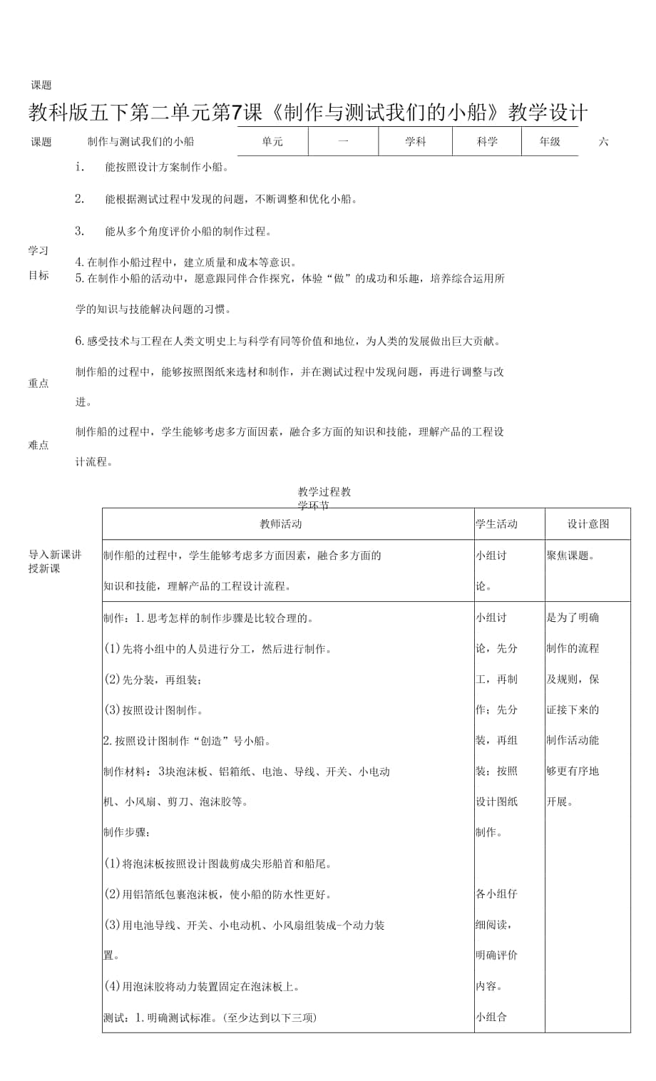 教科版五下第二單元第7課 制作與測(cè)試我們的小船 教案.docx_第1頁(yè)