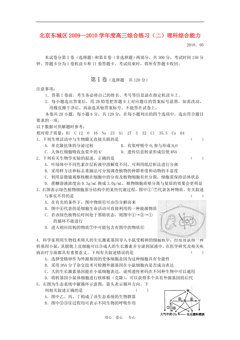 北京市东城区高三理综第二次高考模拟考试新人教版_第1页