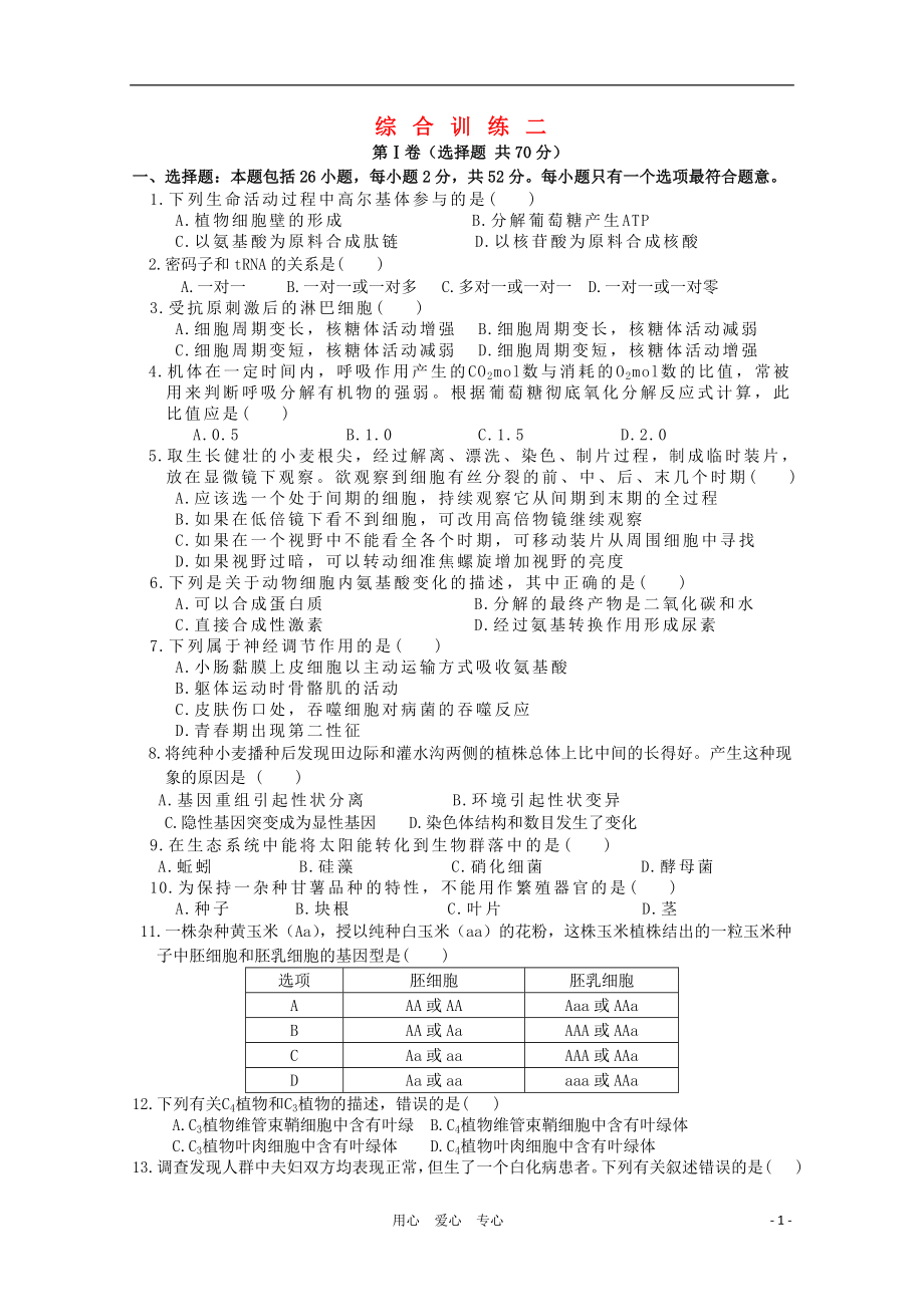 高三生物二轮复习综合训练二人教版_第1页