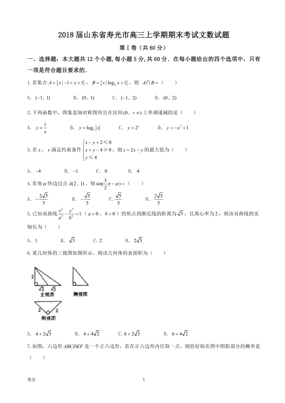 2018年山东省寿光市高三上学期期末考试文数试题_第1页