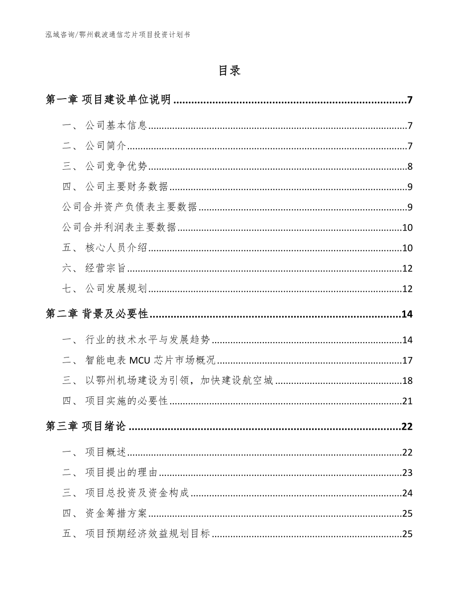 鄂州载波通信芯片项目投资计划书（参考模板）_第1页