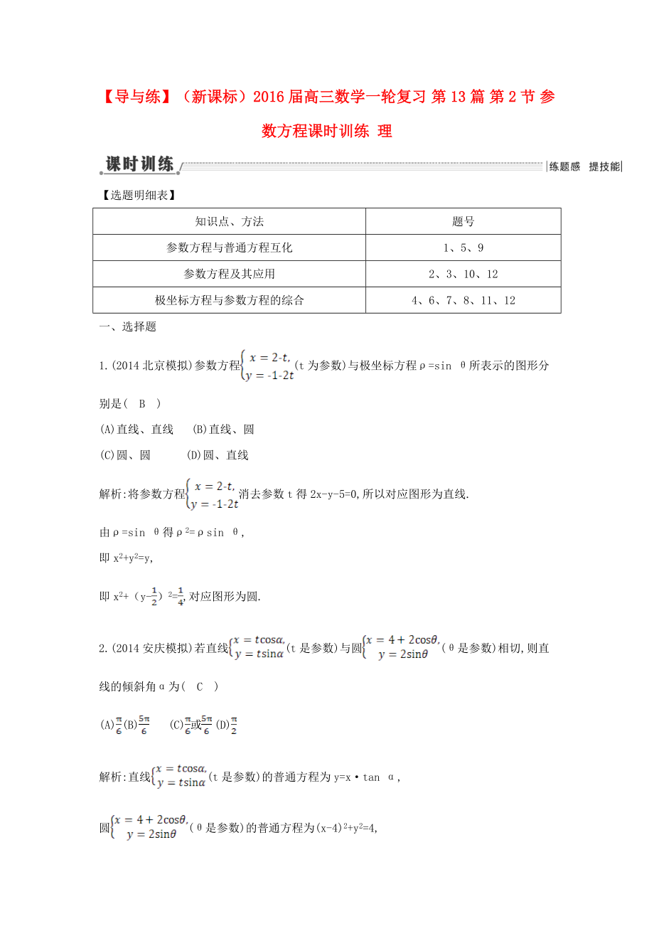 【導與練】新課標高三數(shù)學一輪復習 第13篇 第2節(jié) 參數(shù)方程課時訓練 理_第1頁