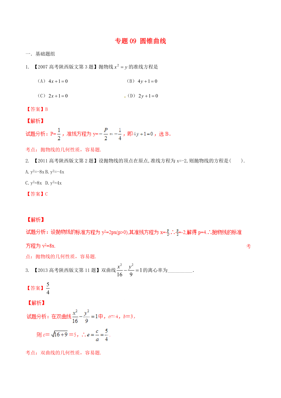 【備戰(zhàn)】陜西版高考數(shù)學分項匯編 專題09 圓錐曲線含解析文_第1頁