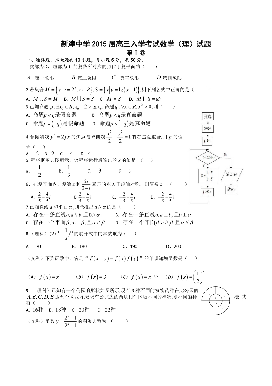 四川省成都市新津中学高三入学考试数学理试题含答案_第1页