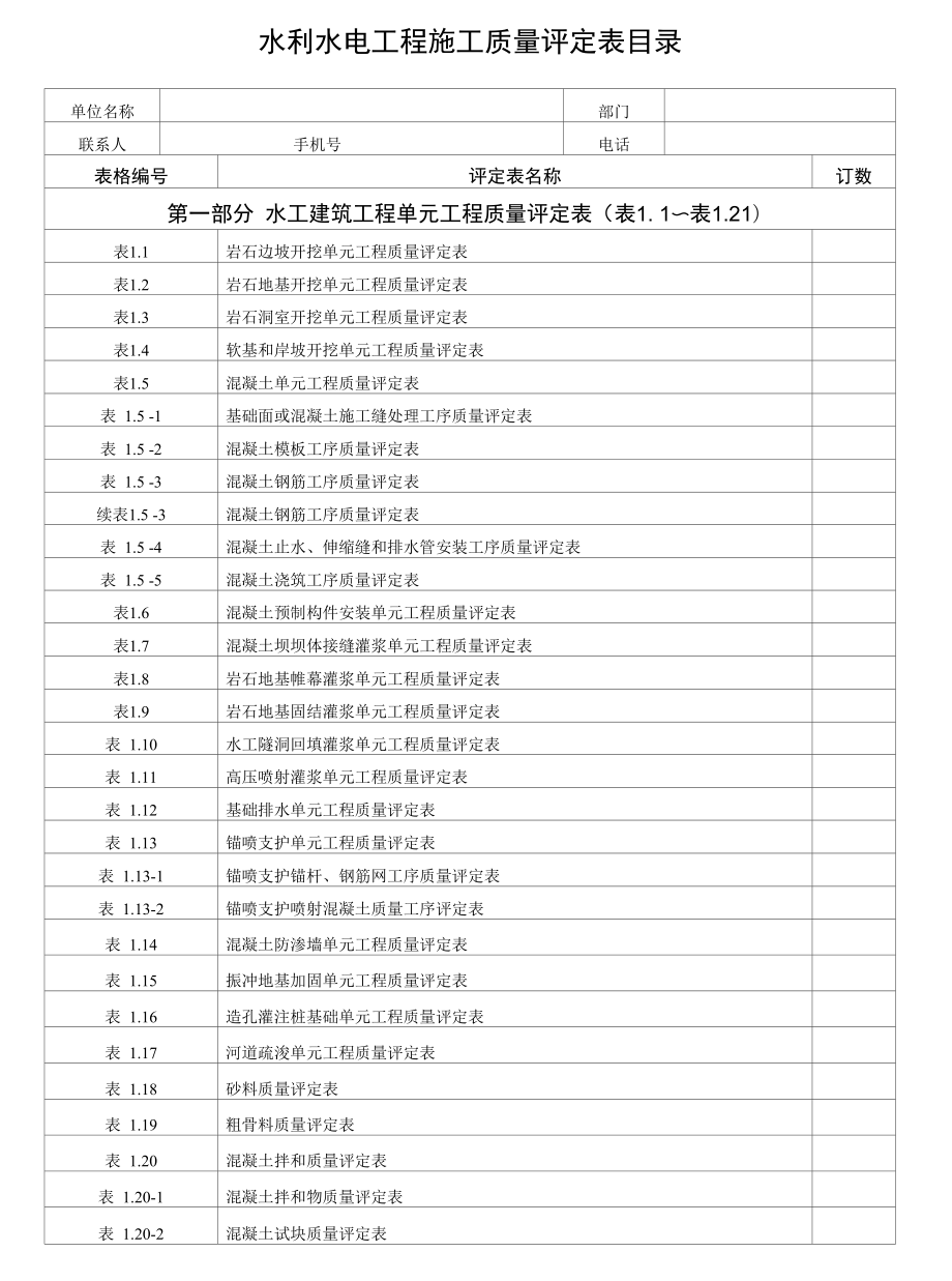 水利水電工程施工質量評定表目錄(9-29日更新) 水利工程質量評定.docx_第1頁