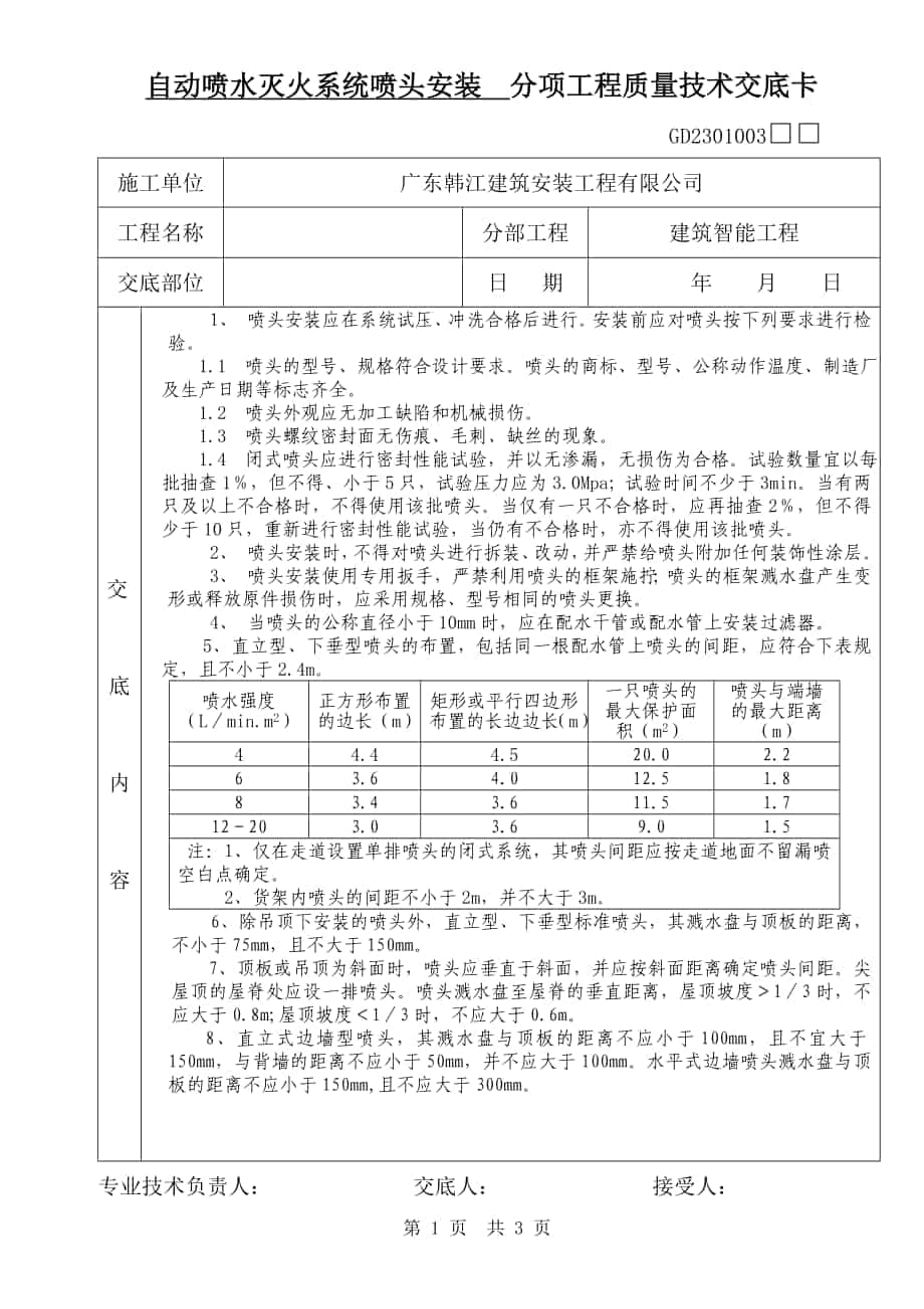 自动喷水灭火系统喷头安装分项工程质量技术交底卡_第1页