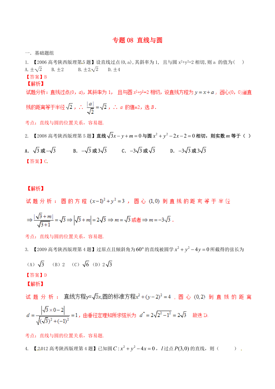 【備戰(zhàn)】陜西版高考數(shù)學(xué)分項匯編 專題08 直線與圓含解析理科_第1頁