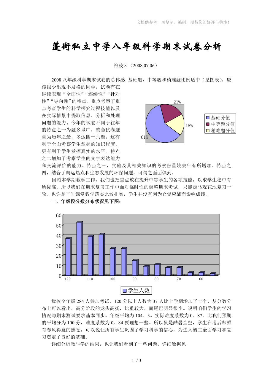 蓬街私立中学八年级科学期末试卷分析_第1页