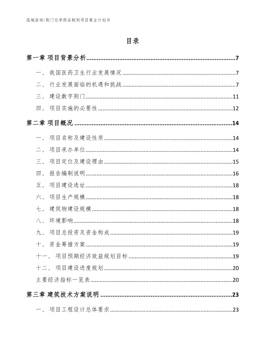 荆门化学药品制剂项目商业计划书范文参考_第1页