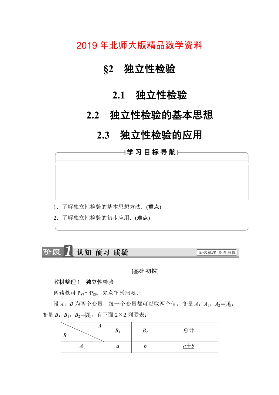 高中数学北师大版选修23学案：3.2.1 独立性检验 2.2 独立性检验的基本思想 2.3 独立性检验的应用 Word版含解析_第1页