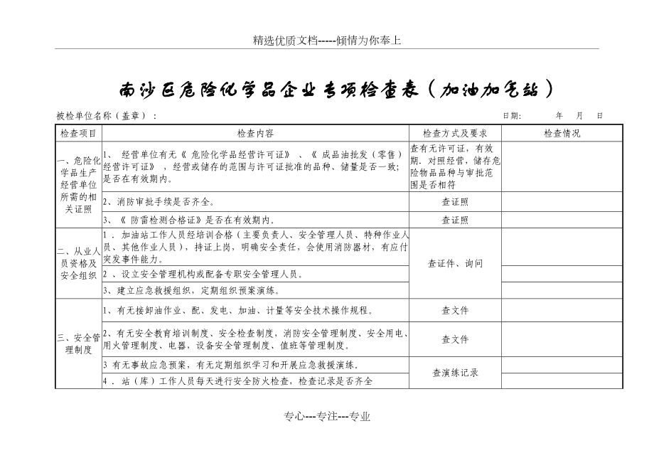 南沙区危险化学品企业专项检查表加油加气站_第1页