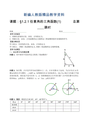 人教版数学必修四：1.2.1任意角的三角函数1学生版学案