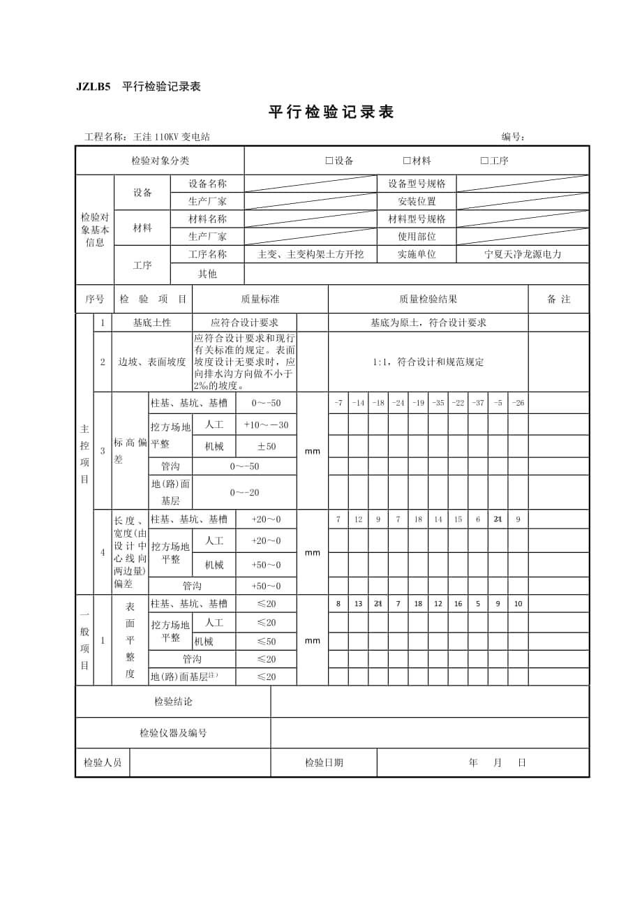 JZLB5平行檢驗(yàn)記錄表 土方開挖_第1頁