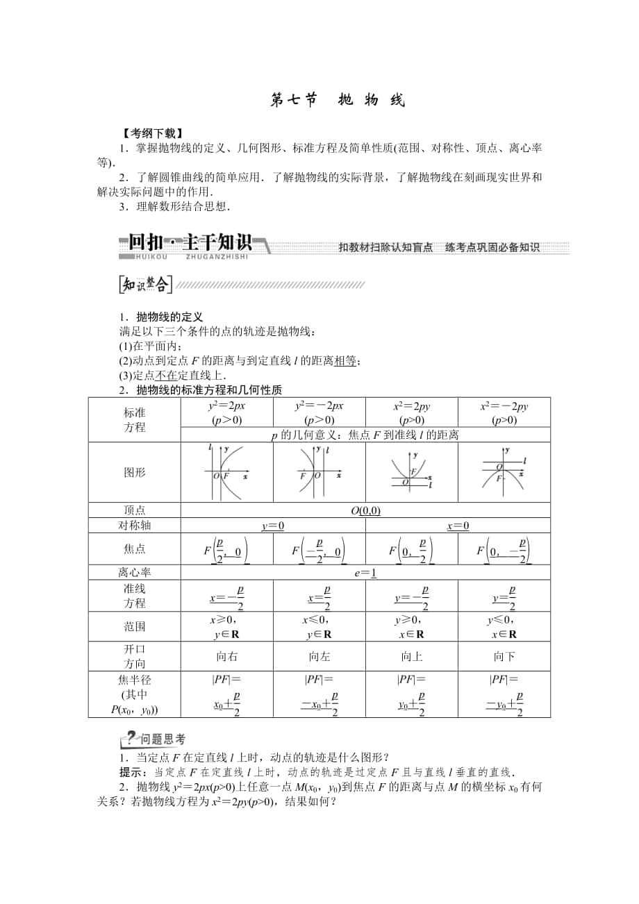 【創(chuàng)新方案】高考數(shù)學(xué)理一輪復(fù)習(xí)配套文檔：第8章 第7節(jié)　拋物線_第1頁