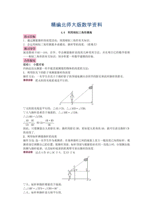 精编北师大版九年级数学上册教案：4.6 利用相似三角形测高