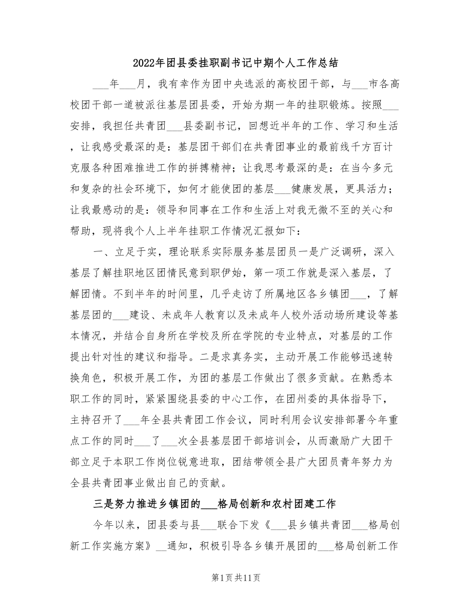 2022年团县委挂职副书记中期个人工作总结_第1页