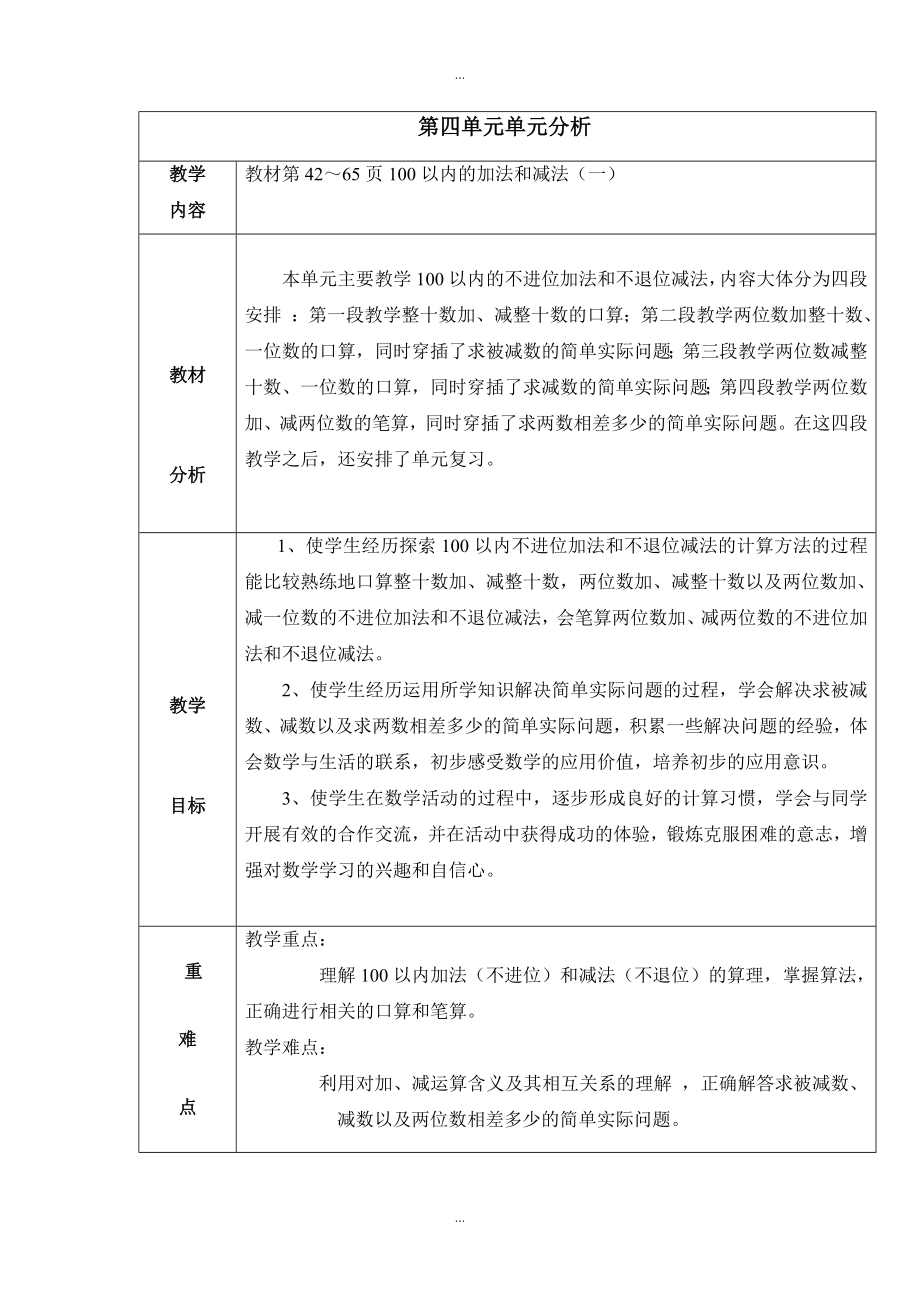 【苏教版】一年级下册数学：配套教案设计 第四单元教材分析_第1页