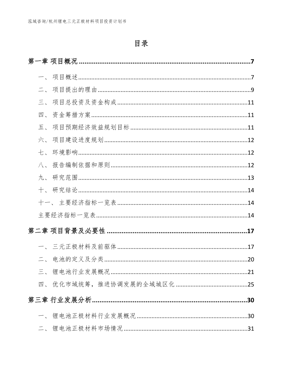 杭州锂电三元正极材料项目投资计划书【模板参考】_第1页