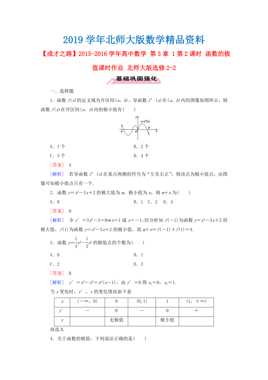 高中數(shù)學(xué) 第3章 1第2課時 函數(shù)的極值課時作業(yè) 北師大版選修22_第1頁