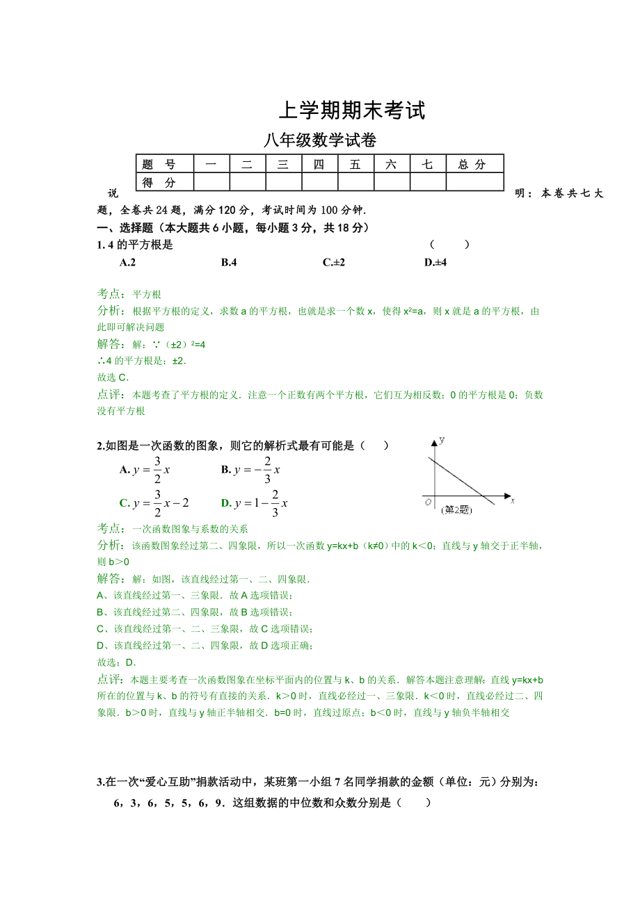 [人教版] 小學(xué)8年級(jí) 數(shù)學(xué)上冊(cè) 期末考試試卷及答案_第1頁