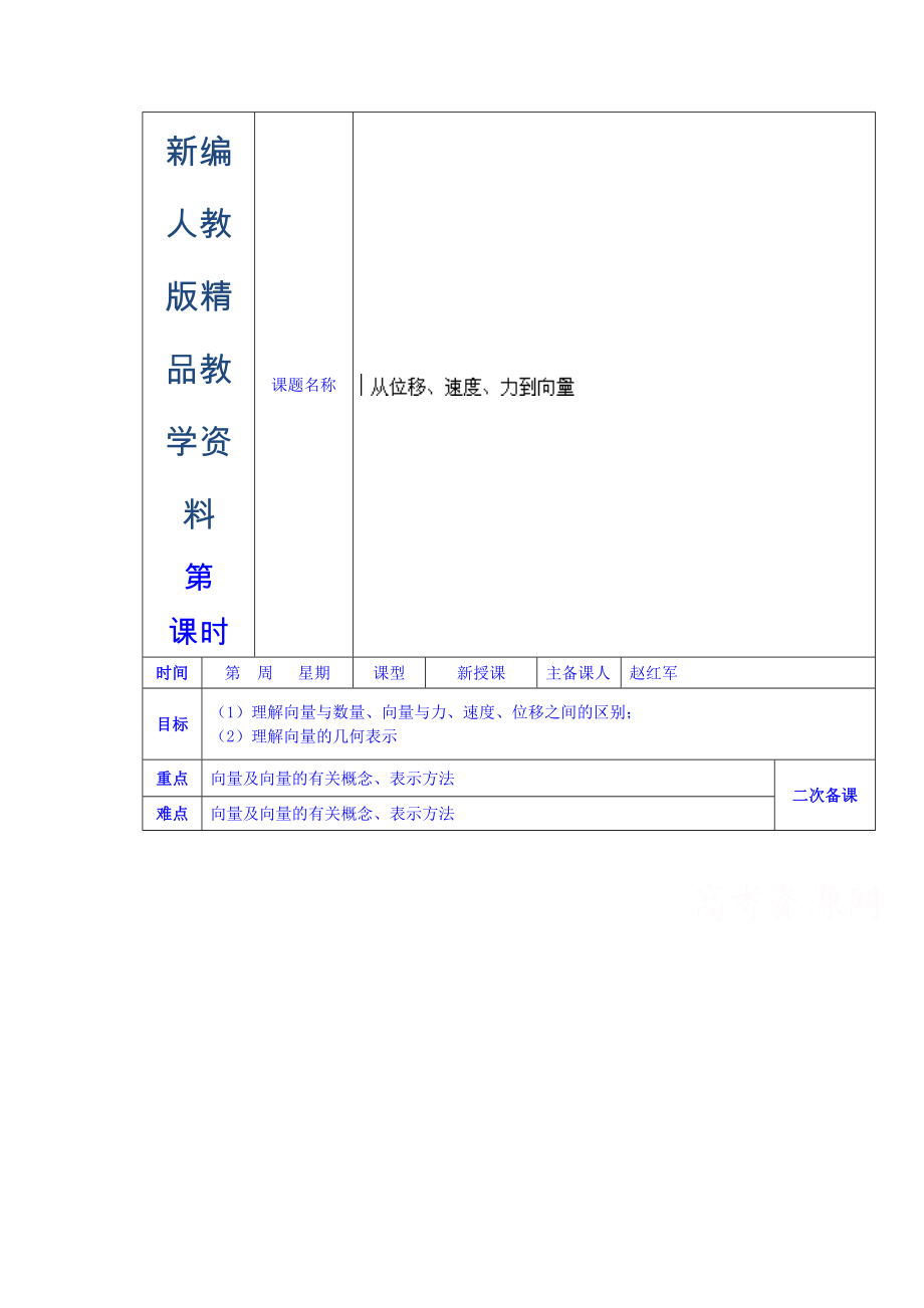 新編人教版高中數(shù)學(xué)學(xué)案必修四第二章 從位移、速度、力到向量_第1頁