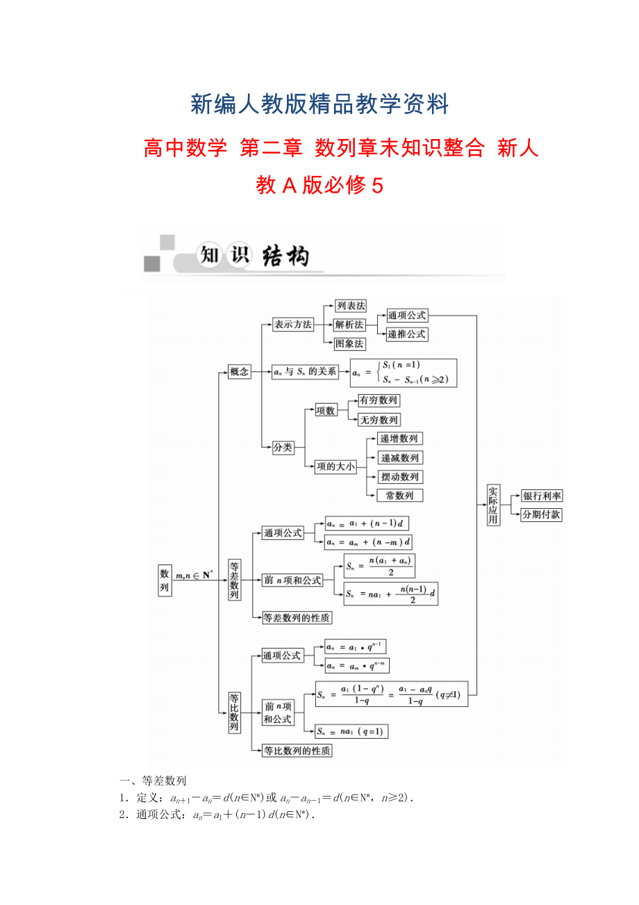 【人教A版】新編高中數(shù)學(xué) 第二章 數(shù)列章末知識整合 新人教A版必修5_第1頁