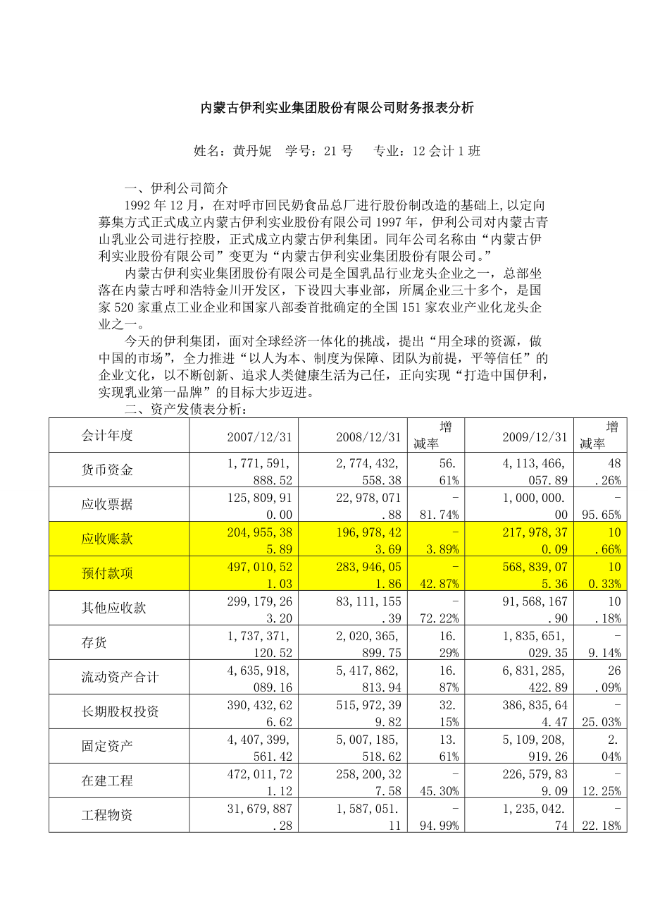 内蒙古伊利实业集团股份有限公司财务报表分析_第1页