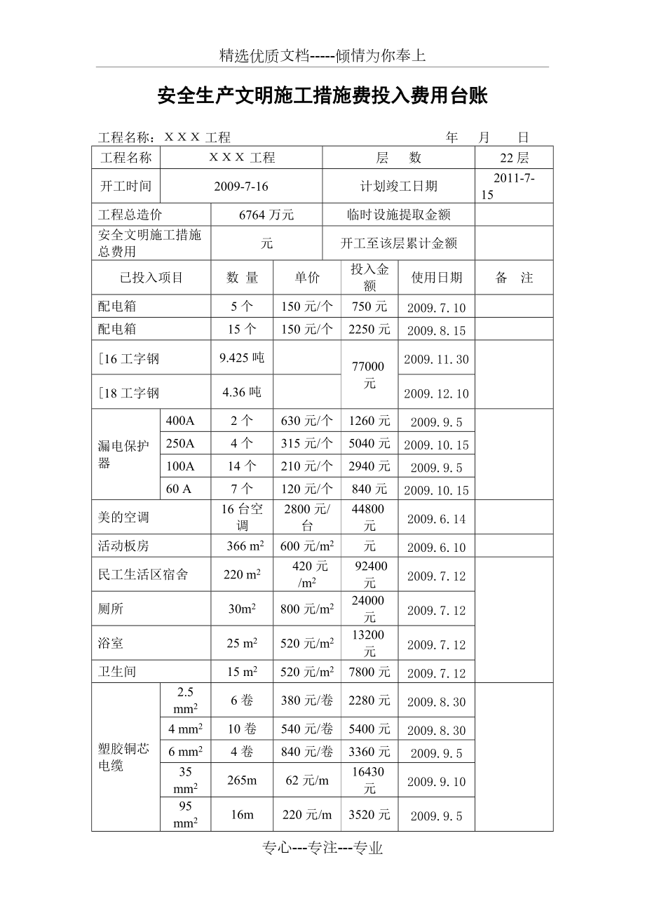 安全生产文明施工措施费投入费用台账