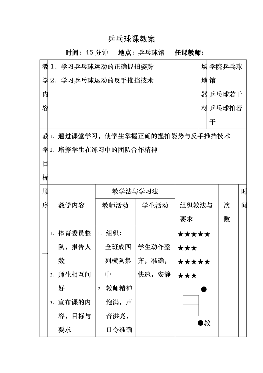 乒乓球课教案(学习握拍与推挡)_第1页