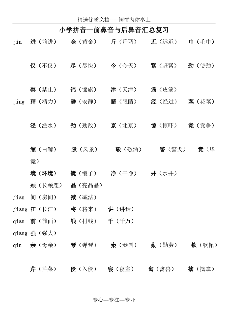 小学前鼻音后鼻音汇总简单
