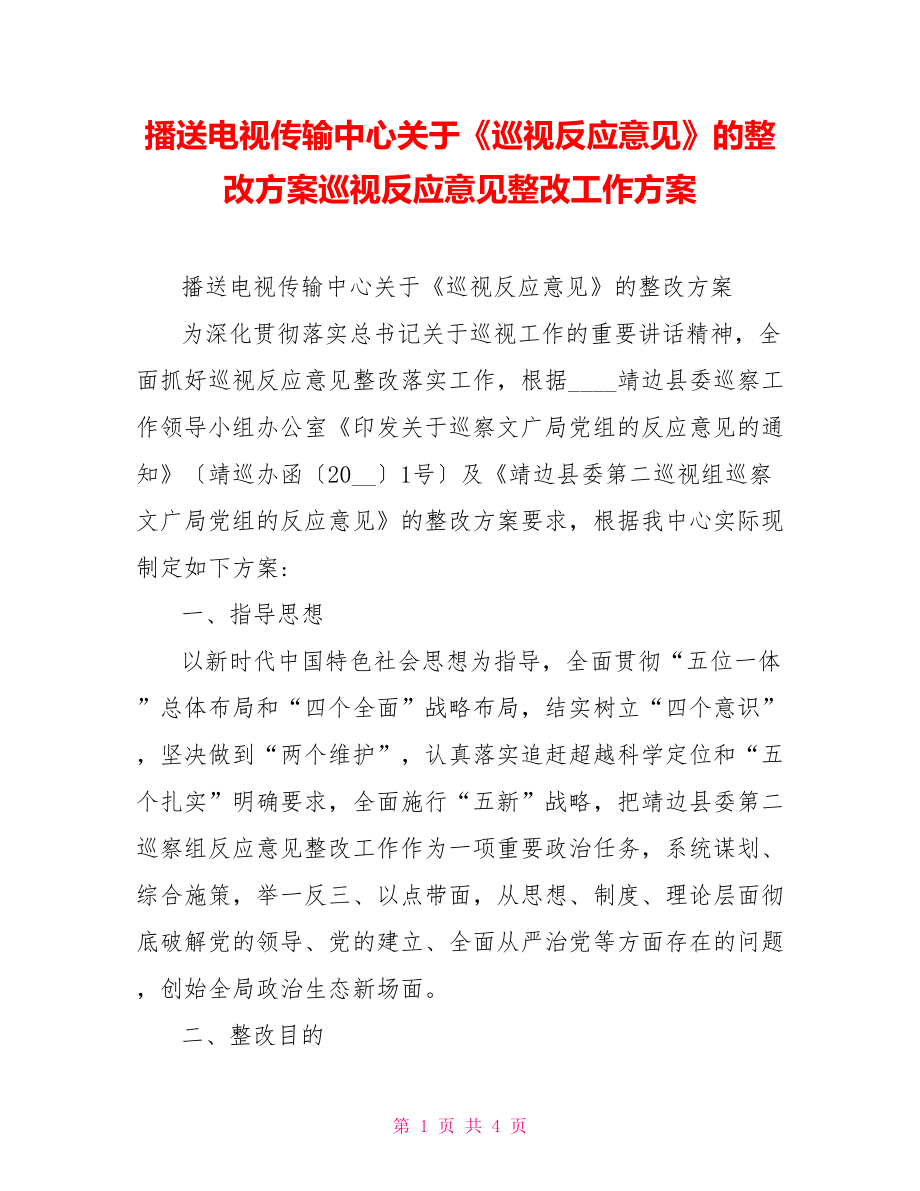 广播电视传输中心关于《巡视反馈意见》的整改方案巡视反馈意见整改工作方案_第1页