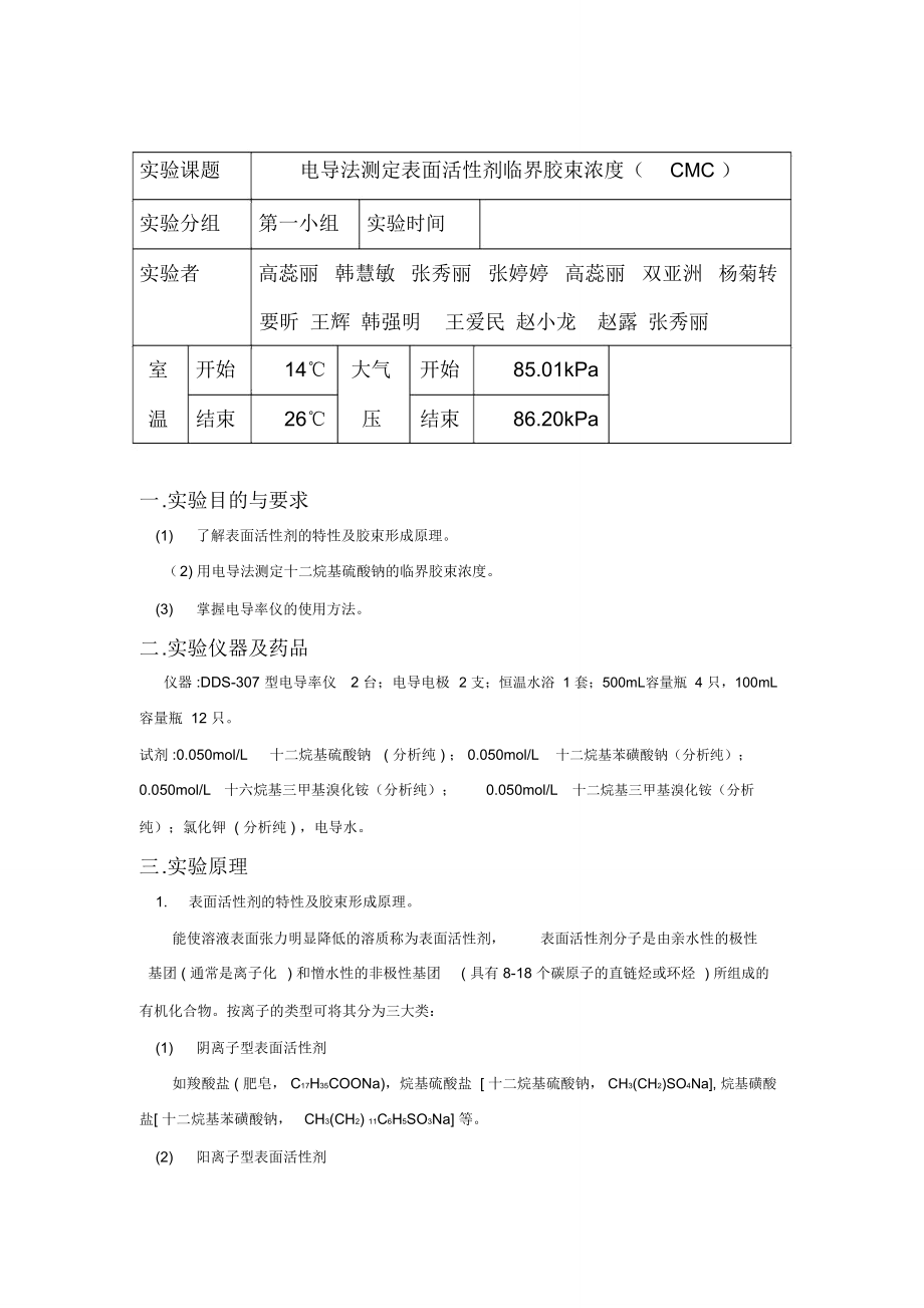 電導法測定表面活性劑臨界膠束濃度cmc模板