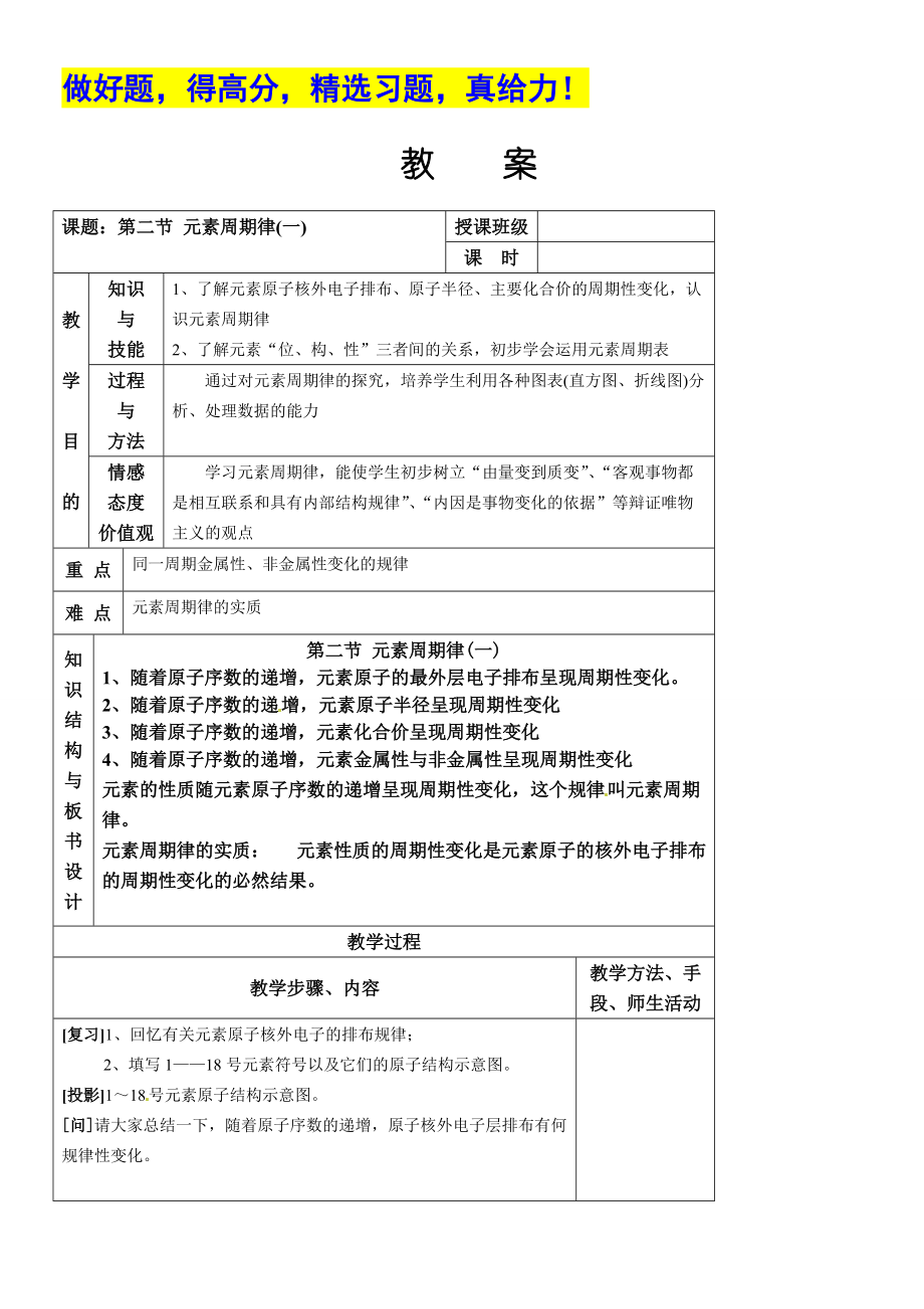 集體備課教案必修2 《第一章 物質(zhì)結(jié)構(gòu)元素周期律》第二節(jié) 元素周期律_第1頁