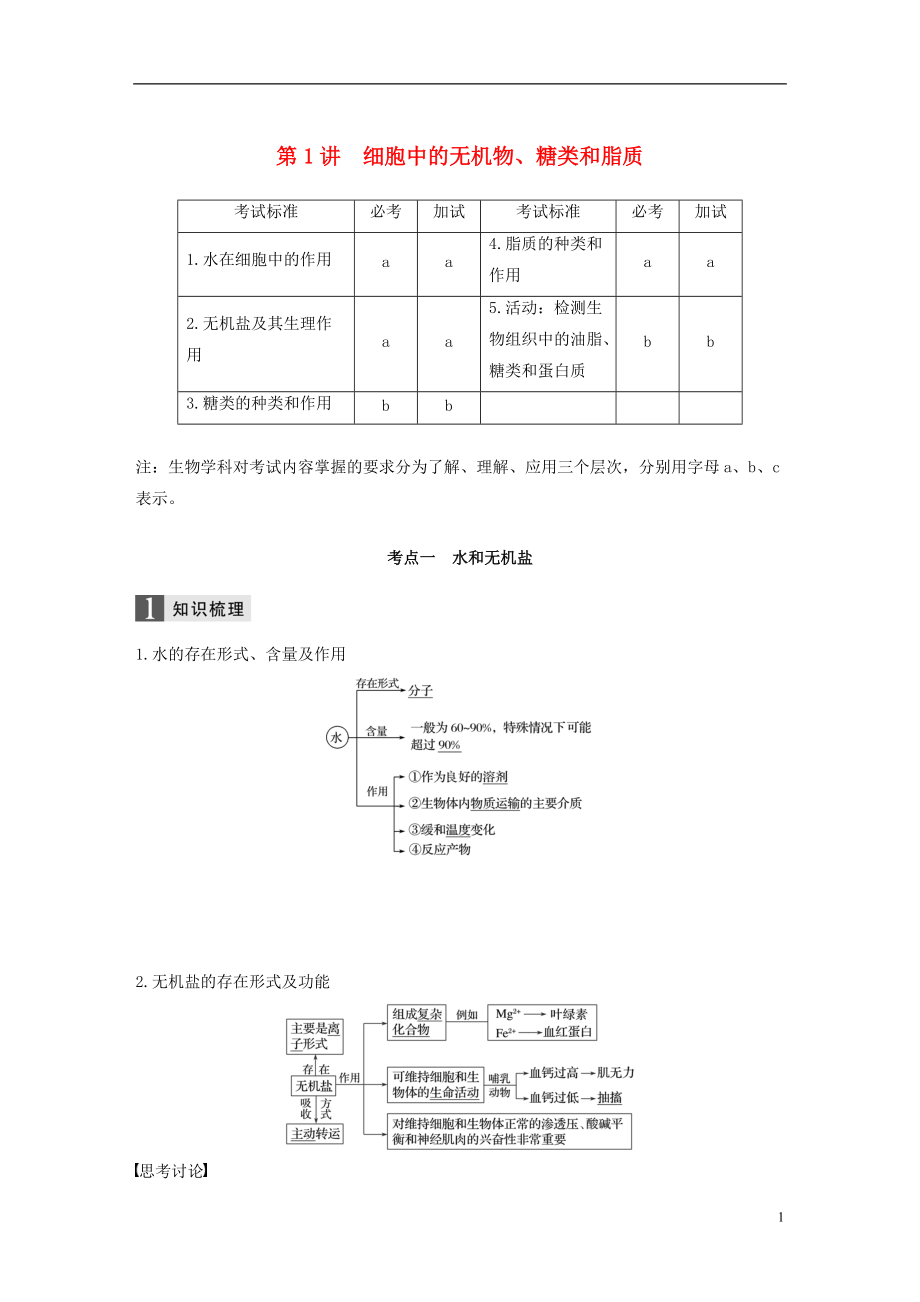 高考生物一輪總復(fù)習(xí)第一單元細(xì)胞的分子組成與結(jié)構(gòu)第講細(xì)胞中的無(wú)機(jī)物糖類(lèi)和脂質(zhì)學(xué)案_第1頁(yè)