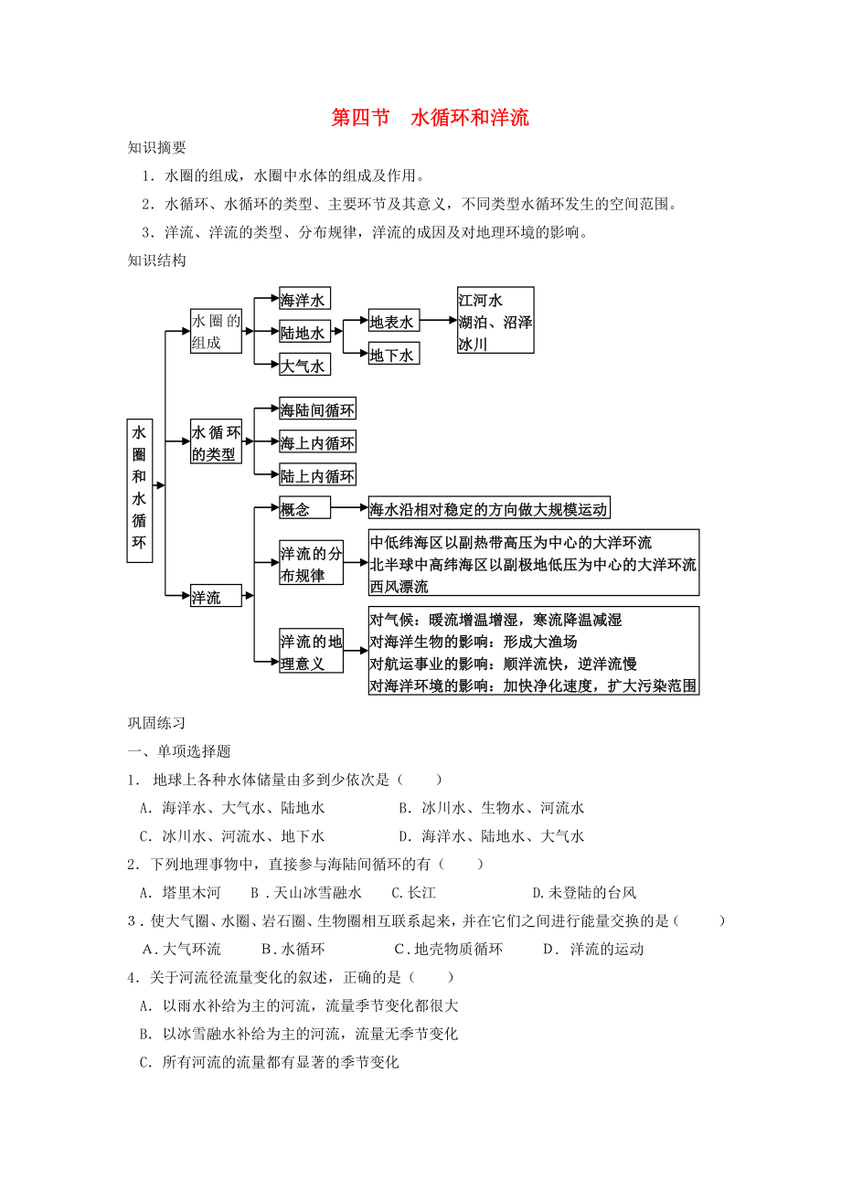 省鶴崗一中高中地理 第二章 第四節(jié) 水循環(huán)和洋流學(xué)案 湘教版必修1_第1頁