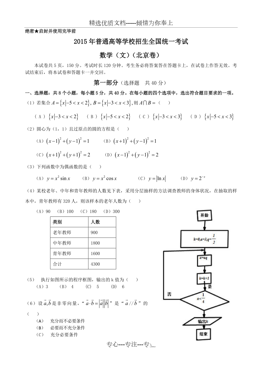 2015年北京高考数学文科试题及答案_第1页