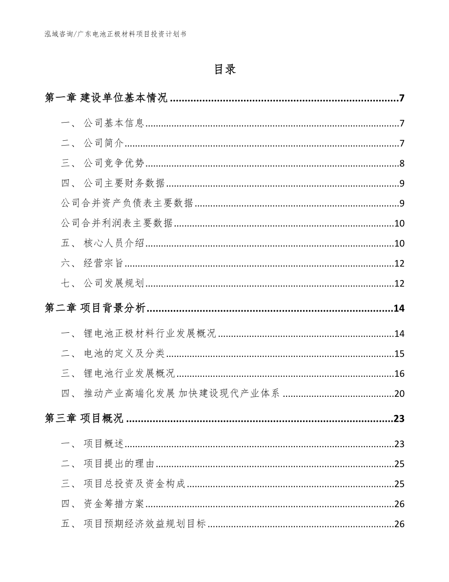 广东电池正极材料项目投资计划书（模板范文）_第1页
