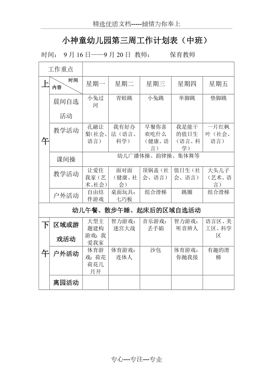 小神童幼儿园第一周工作计划表中班