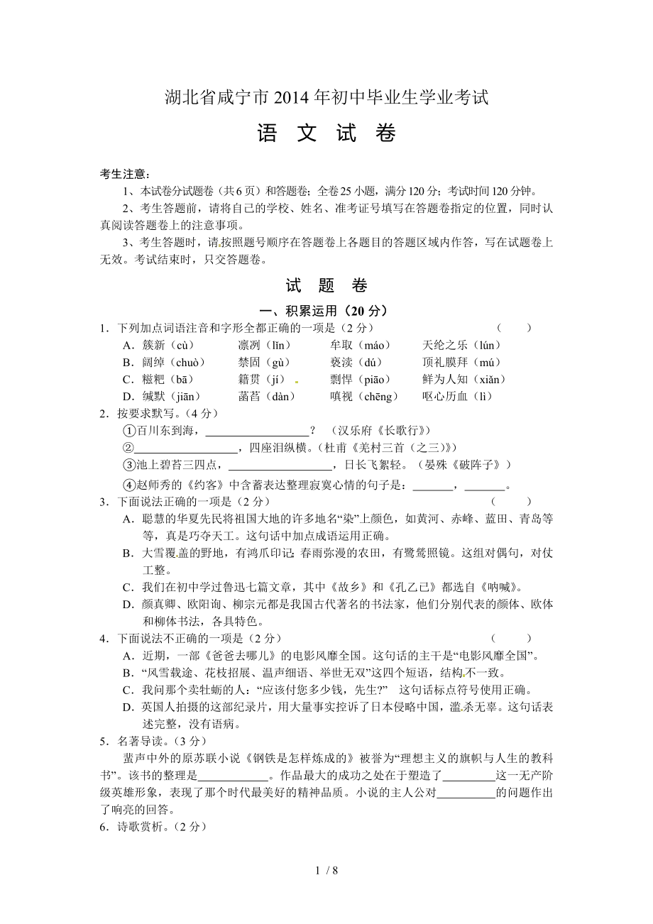咸宁市2014年中考语文试题及答案_第1页