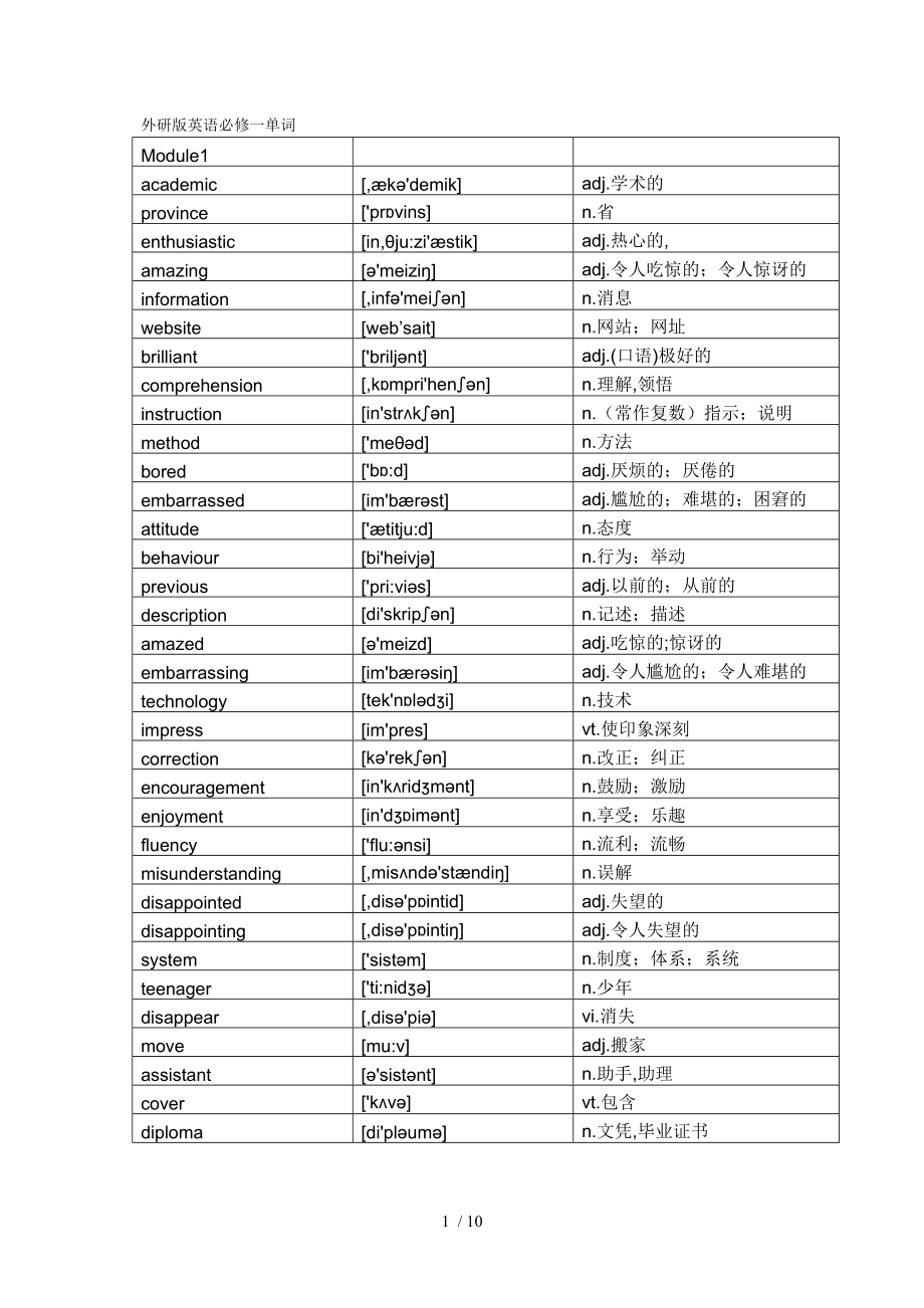 外研版英语必修一单词_第1页